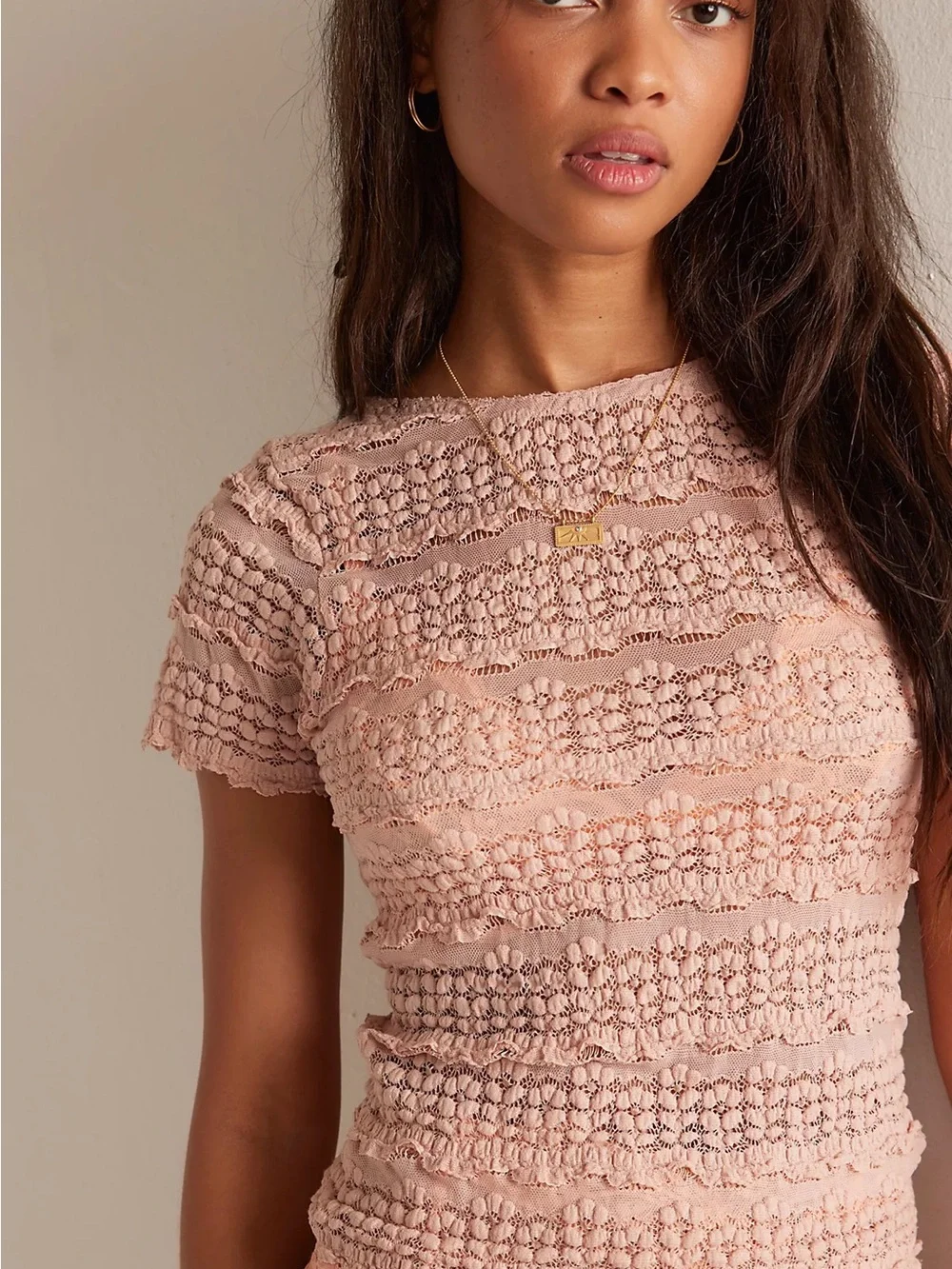 NWOT Free People Angelina Lace Tee Knit Short Sleeve Top - Dusty Pink - Size S